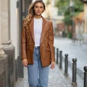 Zara faux leather nipped waist cognac double breasted blazer medium m